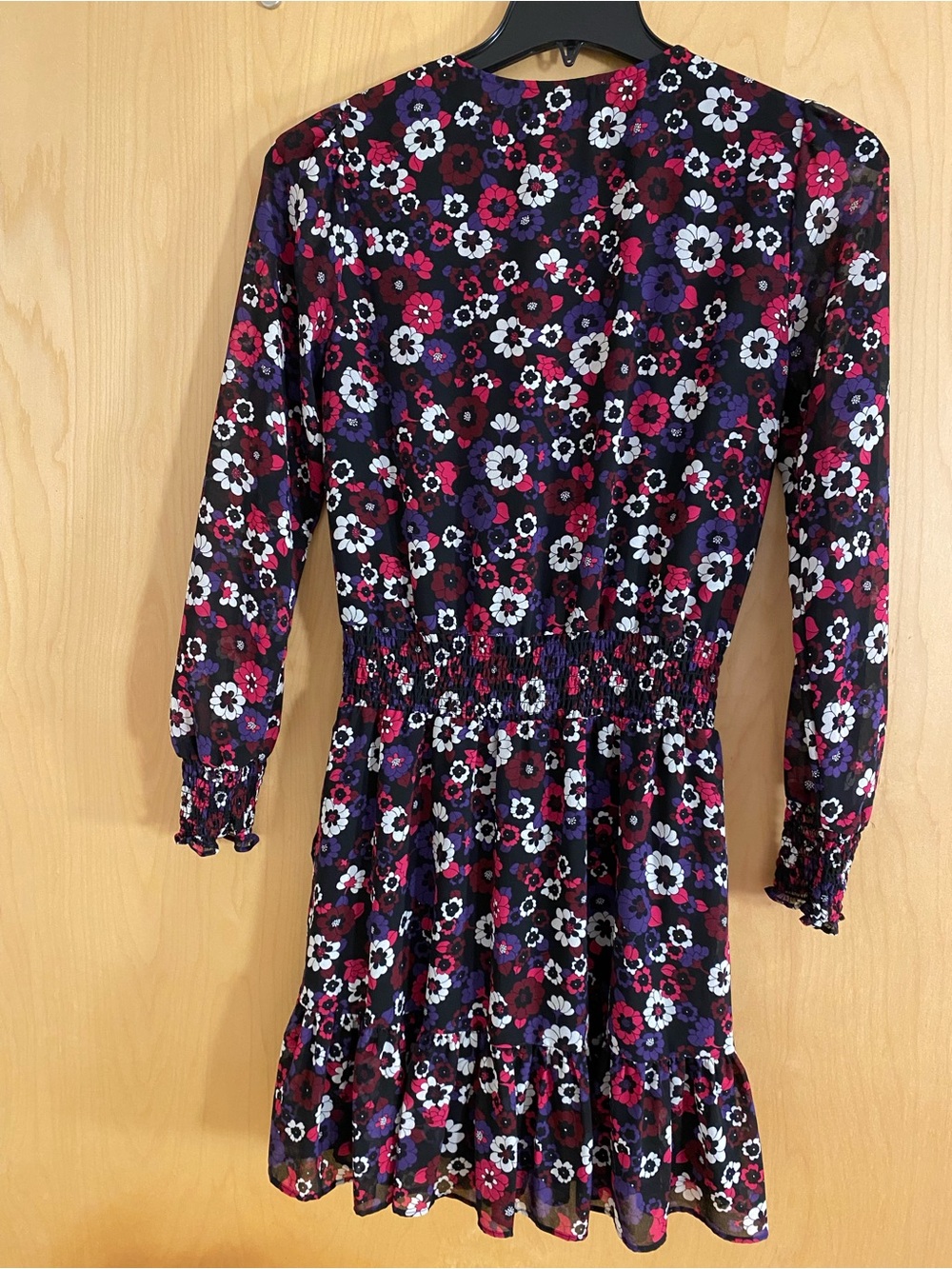 MICHAEL Michael Kors Floral Wrap Long-Sleeve Dress in Black, Magenta, Purple - Picture 3 of 12